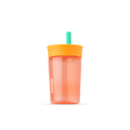 Kids' Tumbler 15oz in Just Peachy; translucent peach orange plastic body with bright orange lid and mint green straw, white Owala logo on front